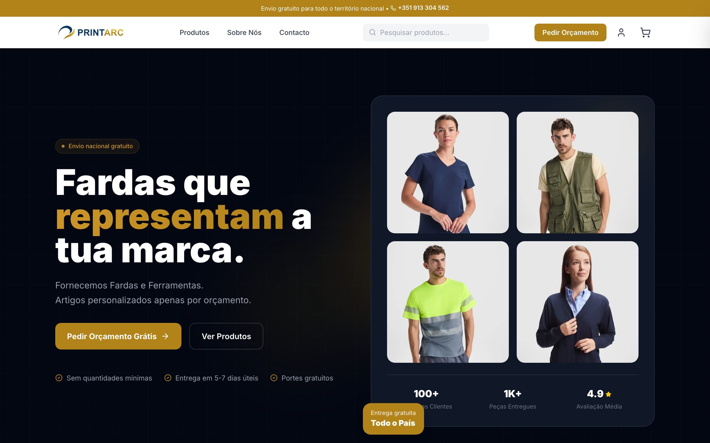Página inicial da loja online da Printarc, com o título “Fardas que representam a tua marca.” e fotografias de fardas de trabalho.